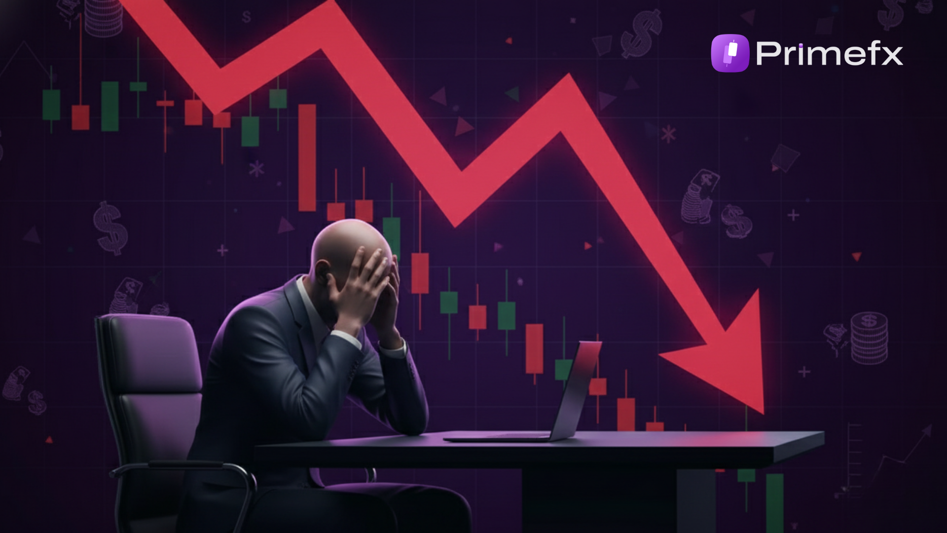 Businessperson at a desk, head in frustration, as a red arrow and candlestick chart indicate a sharp market decline, symbolising emotional impact and financial loss.