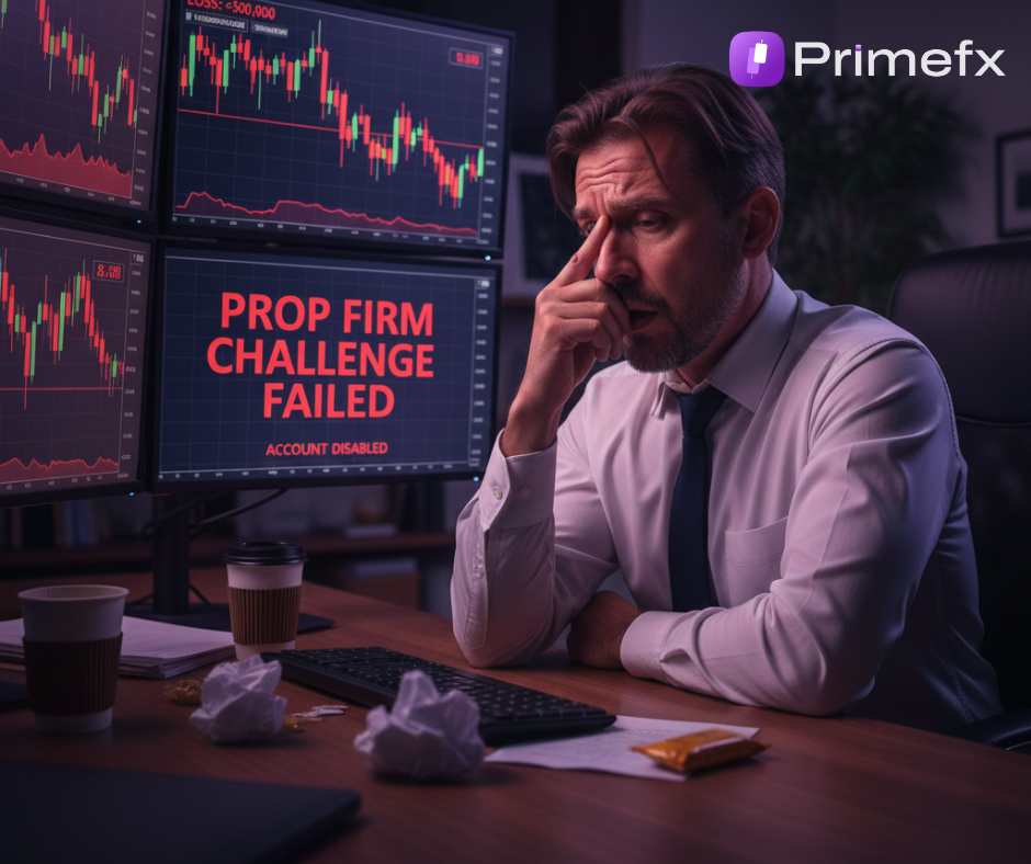 Trader sitting at desk with failed prop firm challenge message on screen, showing stress and market loss.
