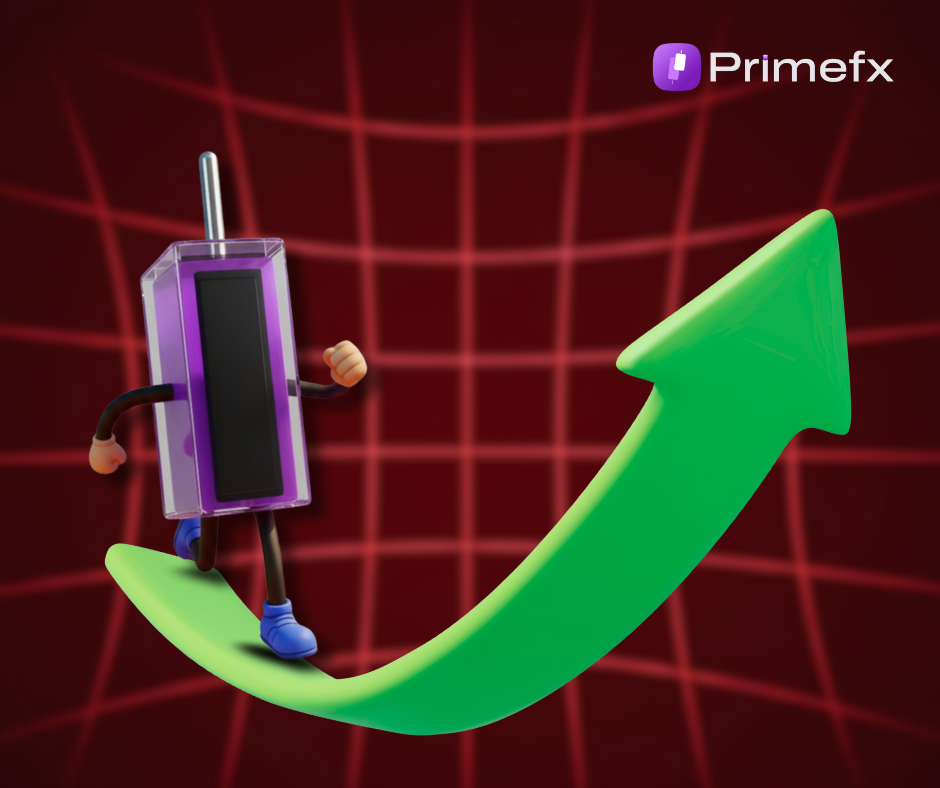 Cartoon candlestick chart character riding a green upward arrow, symbolizing bullish market momentum.