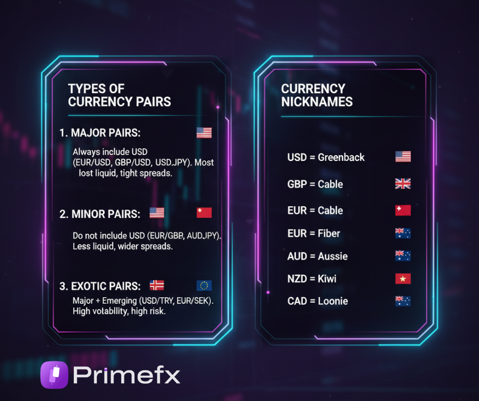 Infographic showing types of currency pairs and nicknames like Greenback, Cable, and Kiwi with flags.