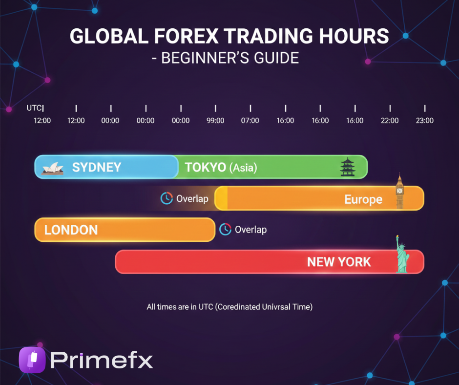 Timeline of global forex market hours in UTC, showing Sydney, Tokyo, London, and New York sessions.
