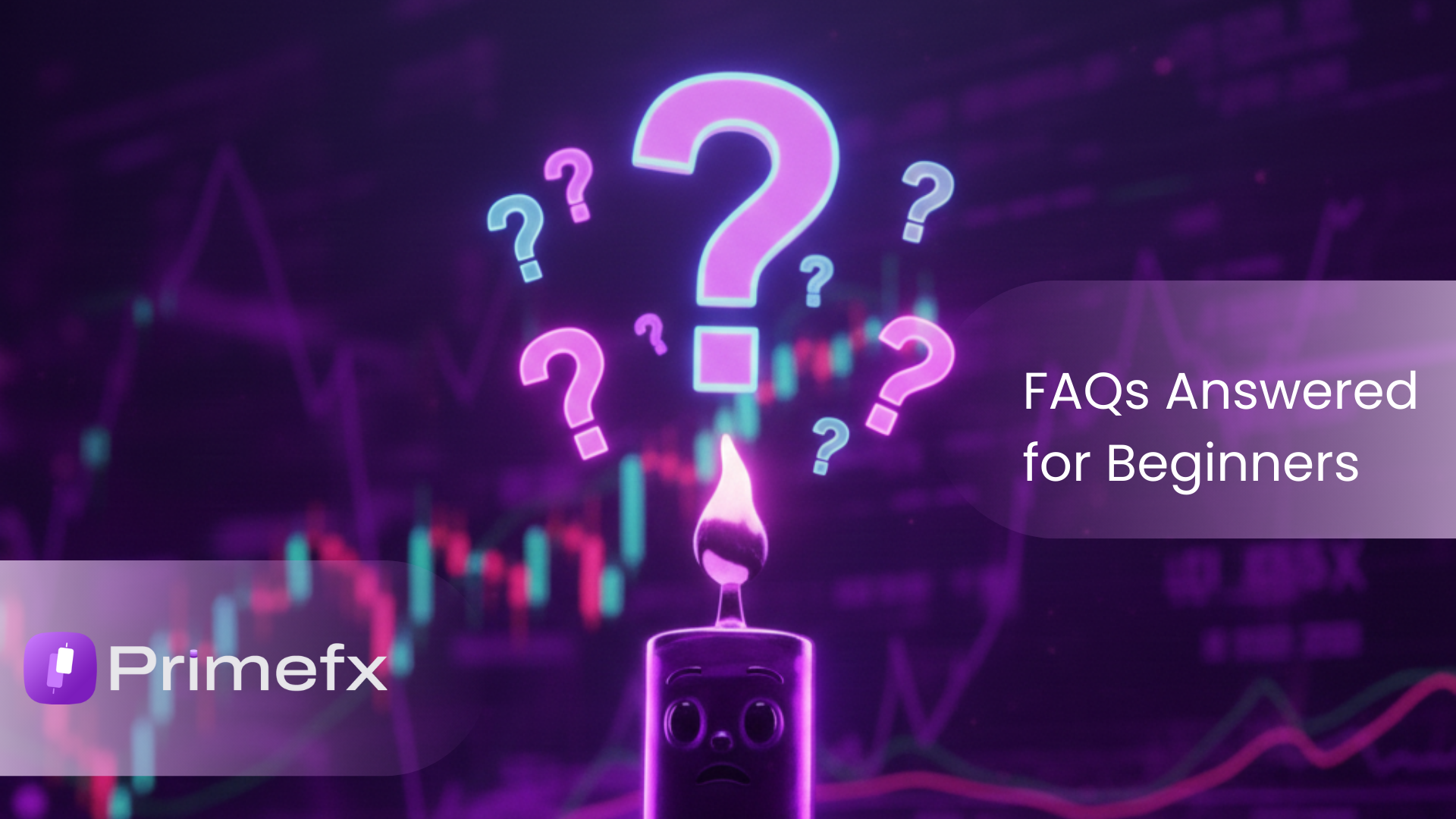 Stylized candle character surrounded by question marks on a financial chart background, titled FAQs for Beginners.
