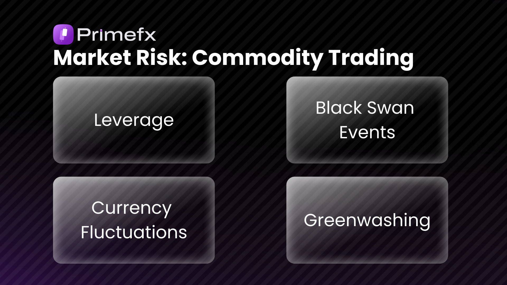 Visual summary of four key risks in commodity trading: leverage, black swan events, currency shifts, and greenwashing.
