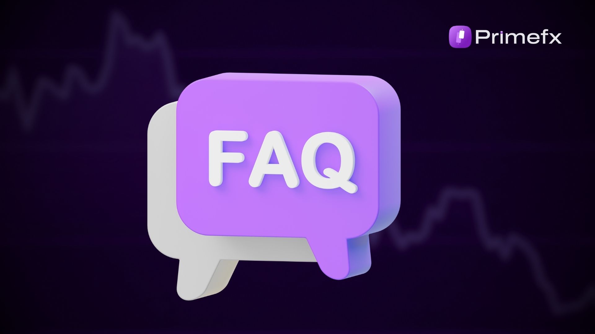 Purple slide with bold “FAQ” text and Primefx logo on trading chart background