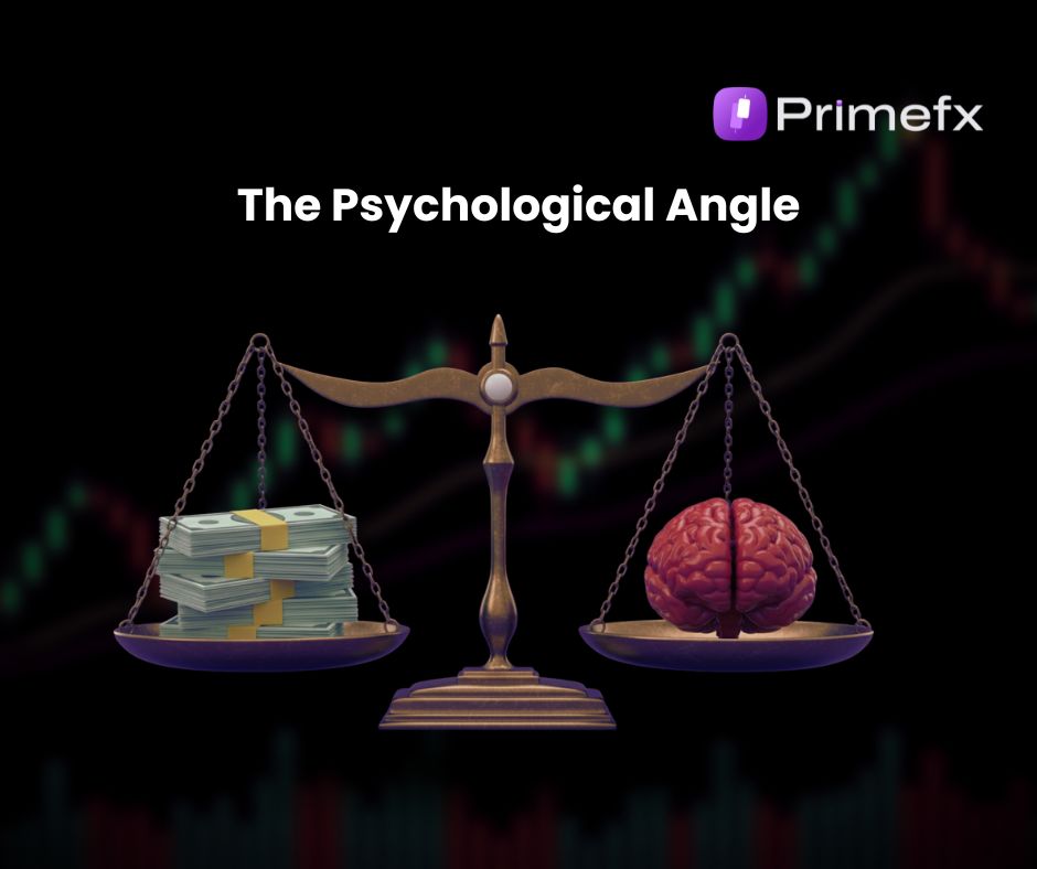 Primefx slide showing a balance scale with money and brain, highlighting trading psychology
