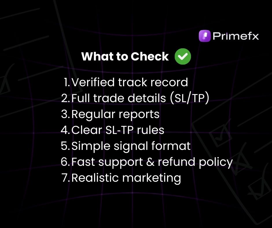 Primefx slide showing five checklist points with icons: proof, transparency, risk rules, clarity, and support
