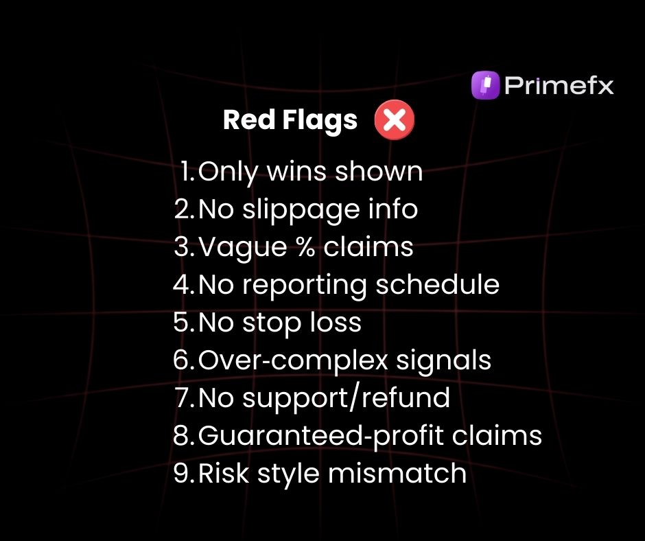 Primefx slide listing nine red flag warnings such as no stop loss, vague claims, and guaranteed profits