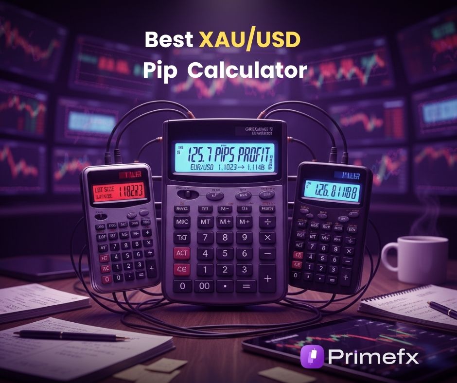 PrimeFX promotional design for XAU/USD pip calculator, featuring calculators on a desk with profit calculation of pips and trading chart monitors in the background.
