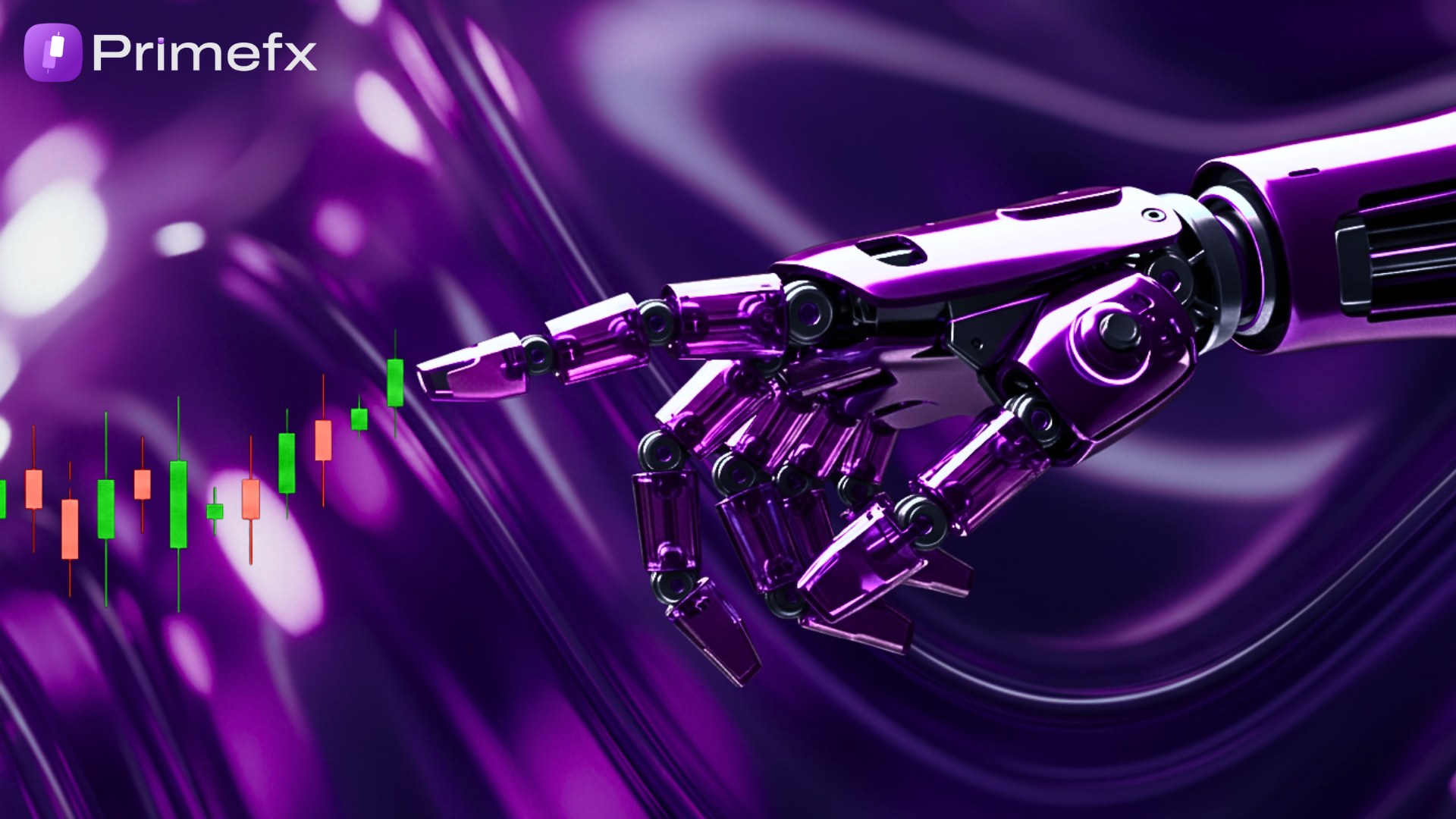 Futuristic graphic of a robotic hand reaching toward a candlestick trading chart with Primefx branding.