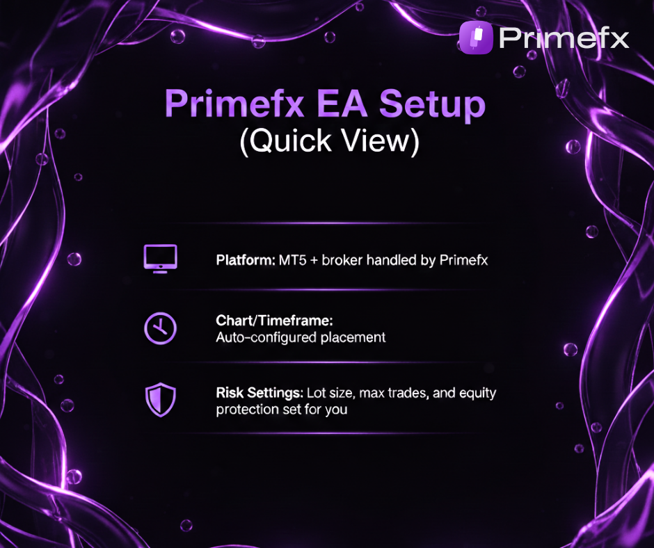 Slide showing Primefx EA setup steps on MT5 with risk settings overview