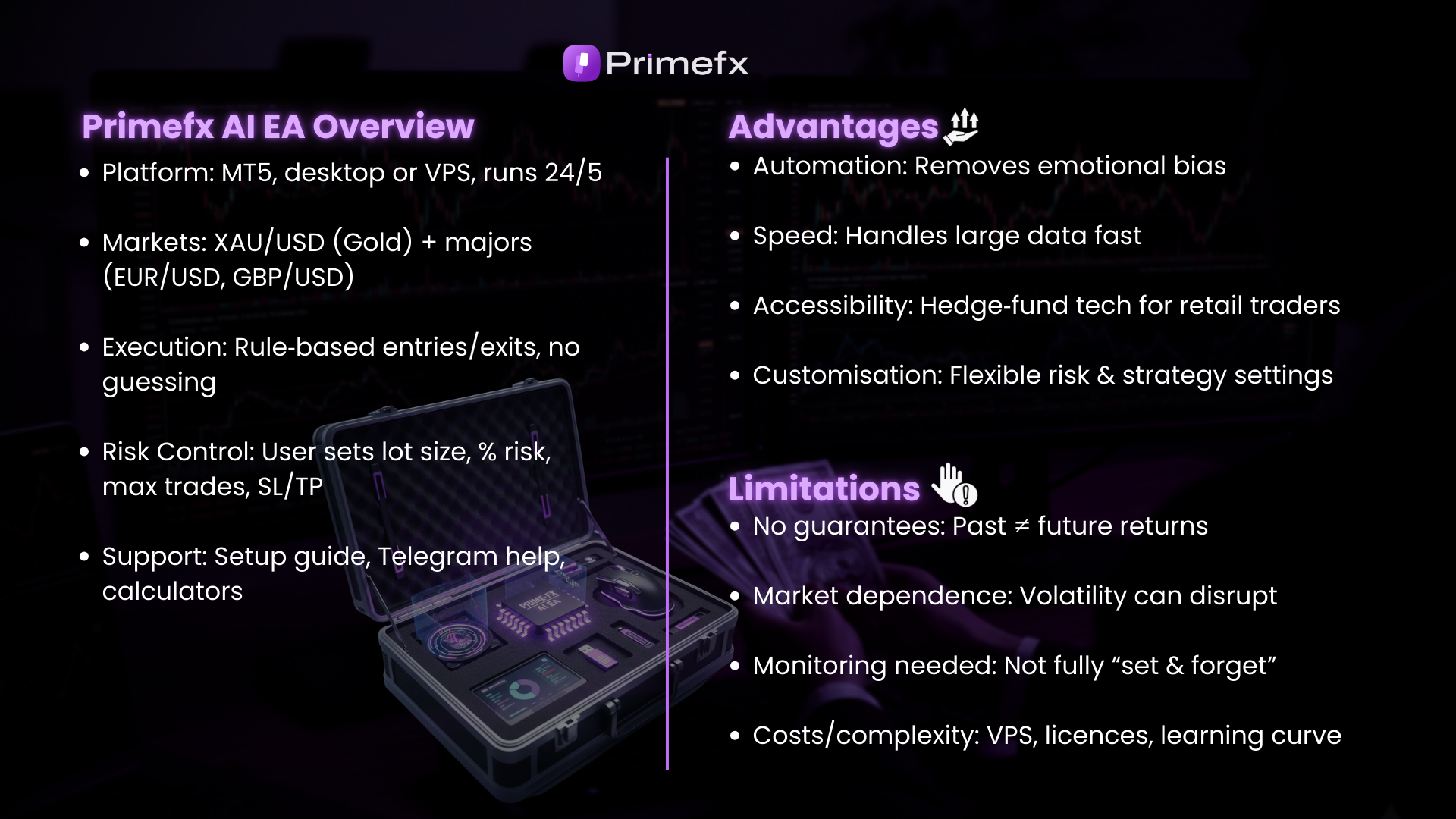 Slide outlining Primefx AI EA features, advantages, and limitations for forex trading.