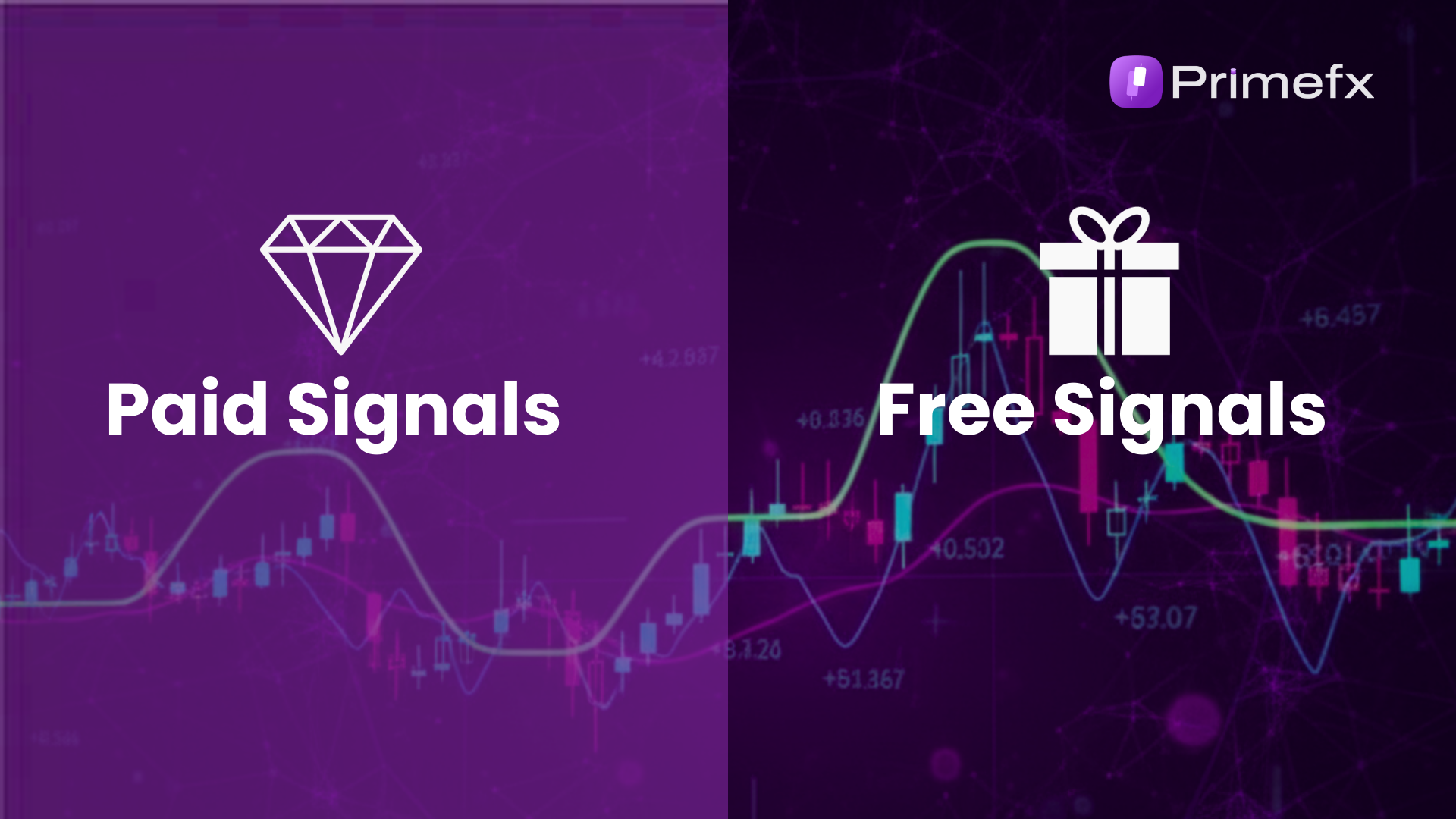 Split design with icons (diamond vs gift box) contrasting paid and free trading signals.